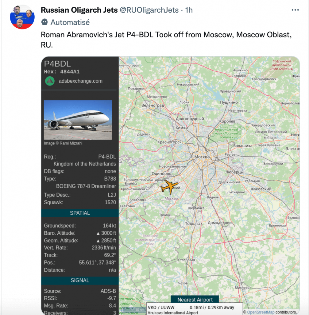 Sur Twitter, on peut maintenant suivre les déplacements en avions des oligarques russes.
